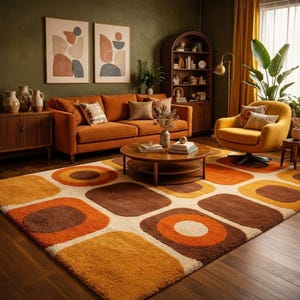 May include: A rectangular area rug featuring a repeating geometric pattern of rounded squares and circles in shades of burnt orange, mustard yellow, brown, and cream. The rug has a thick, textured pile and covers a dark wood floor in a living room.