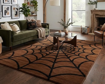 70s Retro Spider Web Rug – Hand Tufted Wool Carpet, Mid Century Mod Geometric Decor