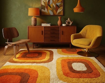 70s Retro Geometric Shag Rug – Orange Mustard Brown Wool Mod Carpet