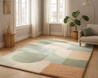 Modern Geometric Wool Rug | Handmade Soft Minimalist Neutral Abstract Green Beige Carpet