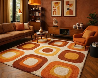 70s Retro Geometric Wool Rug – Hand Tufted Mid Century Modern Area Carpet