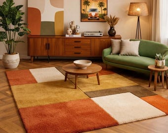 Hand Tufted Wool Area Rug, Modern Patchwork Geometric Carpet, Earth Tone Living Room Rug