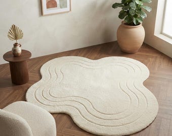 Hand Tufted Wool Wave Rug – Ivory Organic Modern Floor Decor