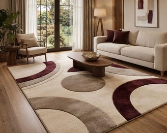 Burgundy Taupe Abstract Rug - Curved Geometric Arch Carpet - Wine Red Cream Beige Modern Living Room Rug