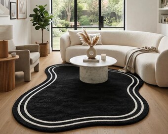 Organic Modern Irregular Wool Rug, Hand Tufted Abstract Wavy Carpet, Minimalist Living Room Decor