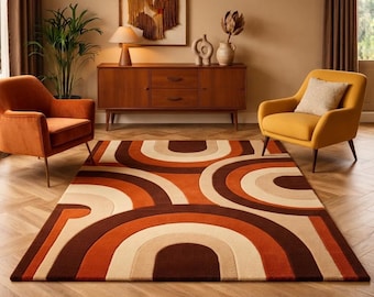 Retro 70s Arch Area Rug, Rust Brown Cream Geometric Boho Carpet