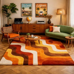 May include: A living room with a retro design, featuring a large rug with a wavy pattern in shades of orange, brown, and yellow. The room includes a green sofa, wooden furniture, and vintage posters, creating a mid-century modern aesthetic.