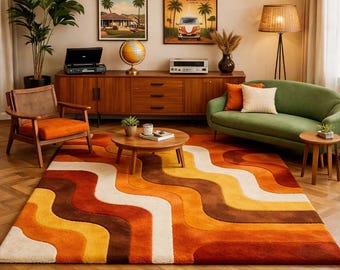 Retro Wave Area Rug – 70s Sunset Patchwork Carpet, Mid Century Modern Floor Art