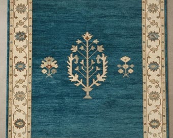Hand Knotted Blue Tree of Life Rug, Oushak Style Botanical Wool Carpet, Traditional Floral Area Rug