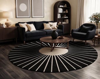 Black White Radial Geometric Round Rug, Hand Tufted Wool, Mid Century Modern Carpet