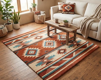 Southwestern Aztec Wool Rug – Rust Terracotta Turquoise Geometric Tribal Carpet