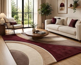 Burgundy Curved Area Rug – Modern Abstract Wool Carpet – Wine Beige Hand Tufted
