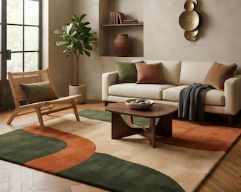 Mid Century Abstract Wool Rug, Hand Tufted Organic Curves Living Room Carpet