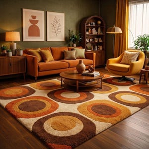 May include: A rectangular area rug featuring a repeating pattern of concentric circles in shades of brown, orange, and cream. The rug is placed in a living room with an orange sofa, a yellow armchair, a wooden coffee table, and a bookshelf.
