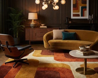 70s Retro Patchwork Wool Area Rug, Mustard Rust Geometric Area Carpet