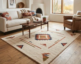 Hand Tufted Wool Southwestern Tribal Rug – Geometric Medallion Boho Carpet