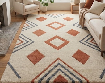 Southwestern Wool Area Rug – Terracotta Cream Geometric Tribal Floor Decor