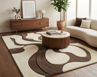 3D Hand-Tufted Wool Area Rug, Cream Brown Wavy Abstract Carpet, Japandi Living Room Floor Rug
