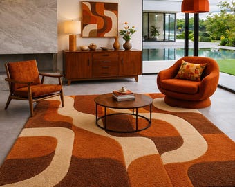 70s Groovy Wavy Area Rug | Burnt Orange Terracotta Mid Century Modern Carpet