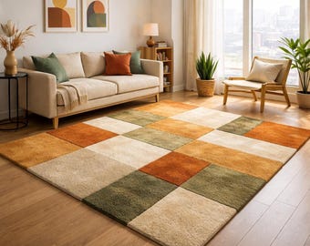 Modern Patchwork Area Rug, Earth Tone Geometric Living Room Carpet