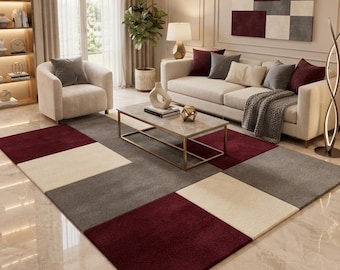 Hand Tufted Wool Rug – Modern Burgundy Gray Cream Geometric Color Block Carpet