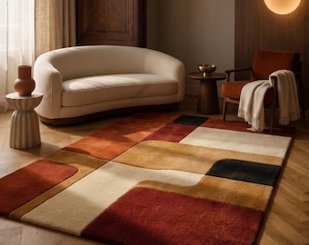 Retro Patchwork Area Rug – Mid Century Modern Geometric Carpet – Rust Burgundy Mustard Cream