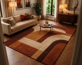 Retro Arch Area Rug, Organic Modern Hand Tufted Wool Rug, Burnt Orange Beige Geometric Carpet, Mid Century Modern Boho Living Room Rug