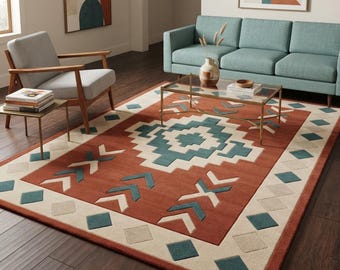 Southwestern Geometric Area Rug - Rust Teal Aztec Inspired Carpet - Boho Tribal Living Room Rug