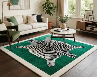 Hand Tufted Emerald Green Zebra Print Rug – Modern Safari Floor Decor