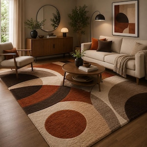 Burnt Orange Retro Circle Rug, Mid Century Modern Geometric Carpet, Abstract Living Room Rug
