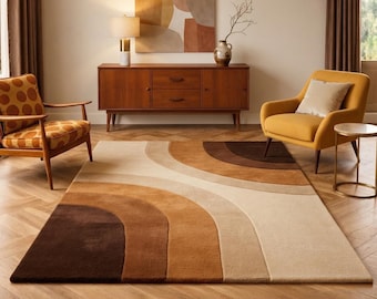 Mid Century Modern Rug - Retro Arch Geometric Carpet - Brown Beige Cream Hand Tufted Rug
