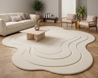 Irregular Hand Tufted Wool Wave Rug, Sculpted Abstract Carpet, Modern Organic Shape