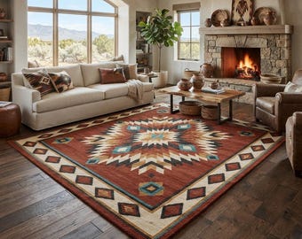 Southwestern Aztec Area Rug, Tribal Geometric Wool Rug, Rustic Boho Living Room Carpet