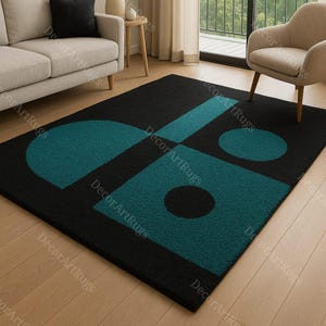 Abstract Geometric Wool Rug: Black & Teal Hand-Tufted Modern Carpet