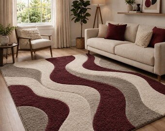 Burgundy Wave Area Rug, Abstract Curved Living Room Carpet
