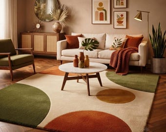 Mid Century Modern Geometric Rug – Hand Tufted Olive Terracotta Cream Area Rug