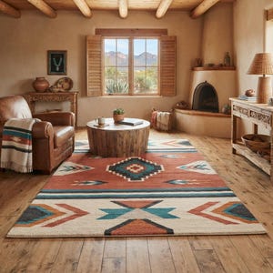 Könnte beinhalten: Ein rechteckiger Teppich mit einem geometrischen Muster in Terrakotta, Creme, Petrol und Anthrazit. Das Design zeigt ein zentrales Rautenmotiv, das von horizontalen Streifen und pfeilartigen, eckigen Formen auf der Oberfläche ergänzt wird.