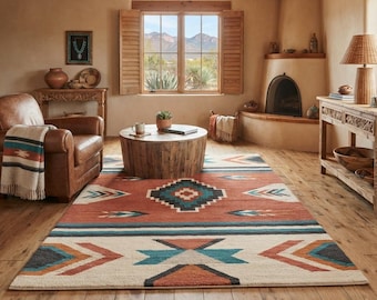 Southwestern Wool Rug – Geometric Tribal Aztec Carpet, Boho Desert Living Room