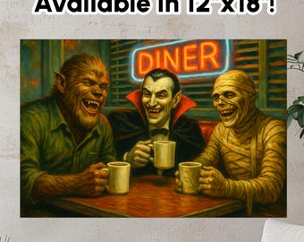 Può includere: Una stampa con una scena umoristica di un lupo mannaro, Dracula e una mummia che ridono insieme in una tavola calda. L'insegna della tavola calda recita "DINER" al neon. La stampa è disponibile nel formato 30 cm x 46 cm.