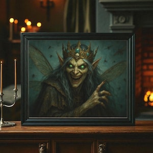 May include: A framed artwork depicting a sinister fairy queen with glowing green eyes, a jeweled crown, and insect wings. The portrait is set against a dark, teal background with flying insects. The artwork is displayed on a wooden surface.