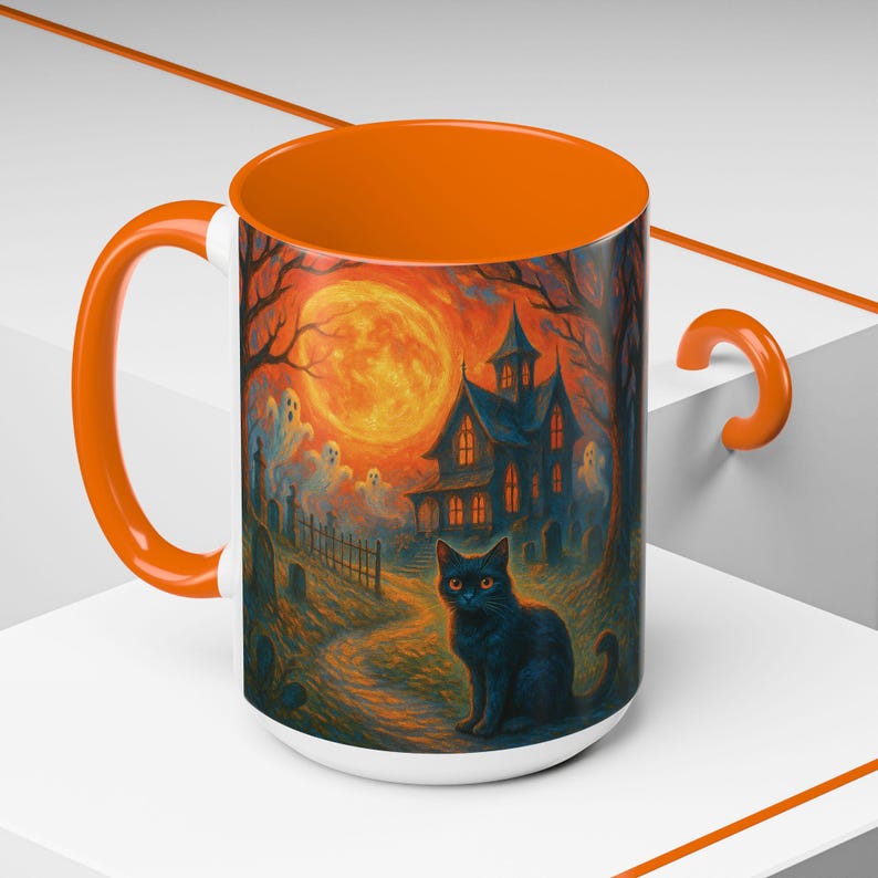 A spooky Halloween mug design featuring a glowing orange moon, eerie ghosts drifting near a gothic haunted house, and a black cat with fiery orange eyes sitting in a graveyard path. Perfect for Halloween lovers, witches, and gothic décor fans, this mug makes a unique fall kitchen piece or haunted holiday gift. Works for coffee, tea, or cocoa. Original design by The Haunted Hollow Co.™.