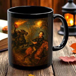 May include: Black ceramic mug featuring a spooky illustration of the Headless Horseman chasing a man on horseback through a dark forest. The design includes a glowing pumpkin and a full moon, perfect for Halloween.