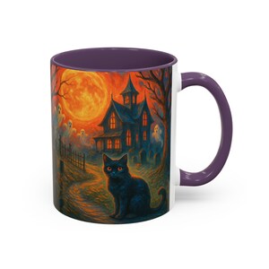 A spooky Halloween mug design featuring a glowing orange moon, eerie ghosts drifting near a gothic haunted house, and a black cat with fiery orange eyes sitting in a graveyard path. Perfect for Halloween lovers, witches, and gothic décor fans, this mug makes a unique fall kitchen piece or haunted holiday gift. Works for coffee, tea, or cocoa. Original design by The Haunted Hollow Co.™.