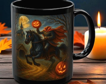 Sleepy Hollow Mug, Headless Horseman Coffee Cup, Gothic Halloween Drinkware Retro Horror Art Spooky Autumn Decor Gift for Folk Horror Lovers
