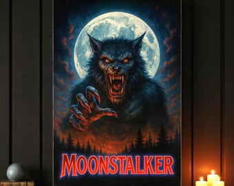Retro Werewolf Horror Poster, 1980's Style Wall Art, Faux Cult Monster Movie Print, Vintage Halloween Gothic Wall Art, Spooky Home Decor