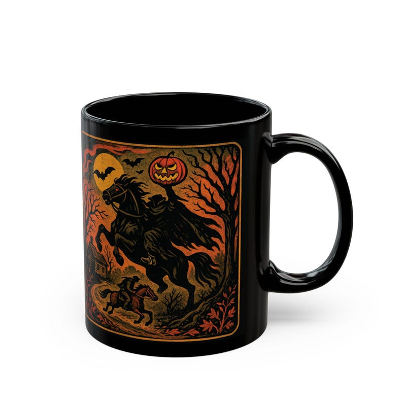 A striking mug featuring a haunting vintage-style illustration of the Headless Horseman riding beneath a full moon, pumpkin head glowing in eerie orange. The artwork captures twisted trees, bats, and gothic shadows in bold, fiery tones, wrapping around the mug for a dramatic Halloween aesthetic. Perfect for coffee, tea, or hot cider, this mug is both functional and a piece of gothic folklore art. Original design by The Haunted Hollow Co.™.