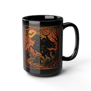 A striking mug featuring a haunting vintage-style illustration of the Headless Horseman riding beneath a full moon, pumpkin head glowing in eerie orange. The artwork captures twisted trees, bats, and gothic shadows in bold, fiery tones, wrapping around the mug for a dramatic Halloween aesthetic. Perfect for coffee, tea, or hot cider, this mug is both functional and a piece of gothic folklore art. Original design by The Haunted Hollow Co.™.