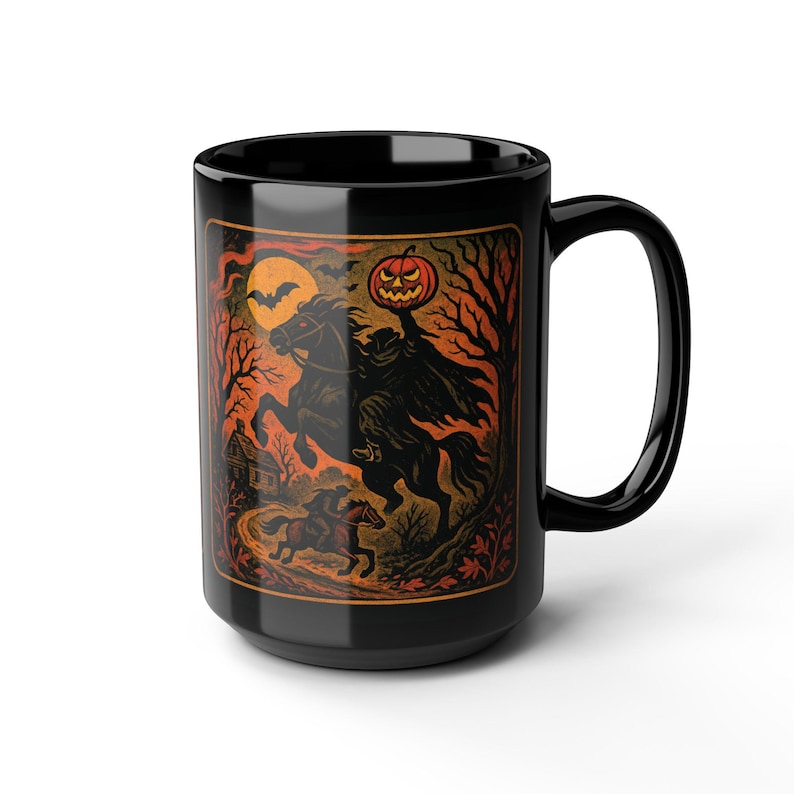 A striking mug featuring a haunting vintage-style illustration of the Headless Horseman riding beneath a full moon, pumpkin head glowing in eerie orange. The artwork captures twisted trees, bats, and gothic shadows in bold, fiery tones, wrapping around the mug for a dramatic Halloween aesthetic. Perfect for coffee, tea, or hot cider, this mug is both functional and a piece of gothic folklore art. Original design by The Haunted Hollow Co.™.