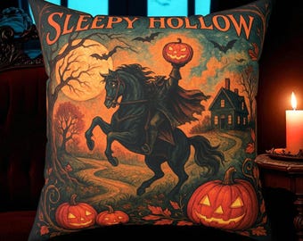 Sleepy Hollow Halloween Pillow, Headless Horseman Throw Pillow, Gothic Pumpkin Decor, Cozy Home Decor, Autumn Vibes, Seasonal Throw Cushion