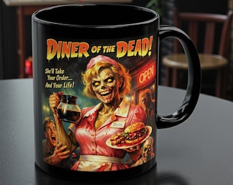 Zombie Diner Horror Mug, Retro Drive-In Monster Coffee Cup, Campy Undead Waitress Art, Funny Gothic Horror Gift, Vintage Horror Mug Gift